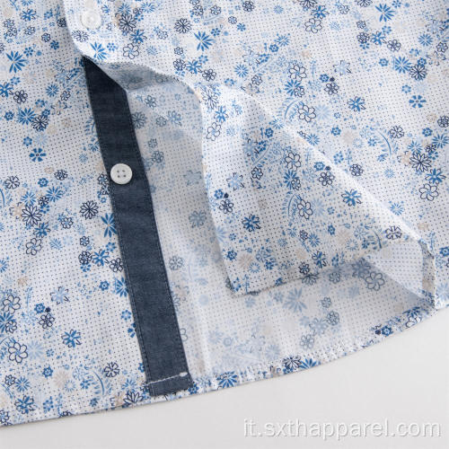 Camicie casual da uomo con stampa di fiori blu a maniche corte